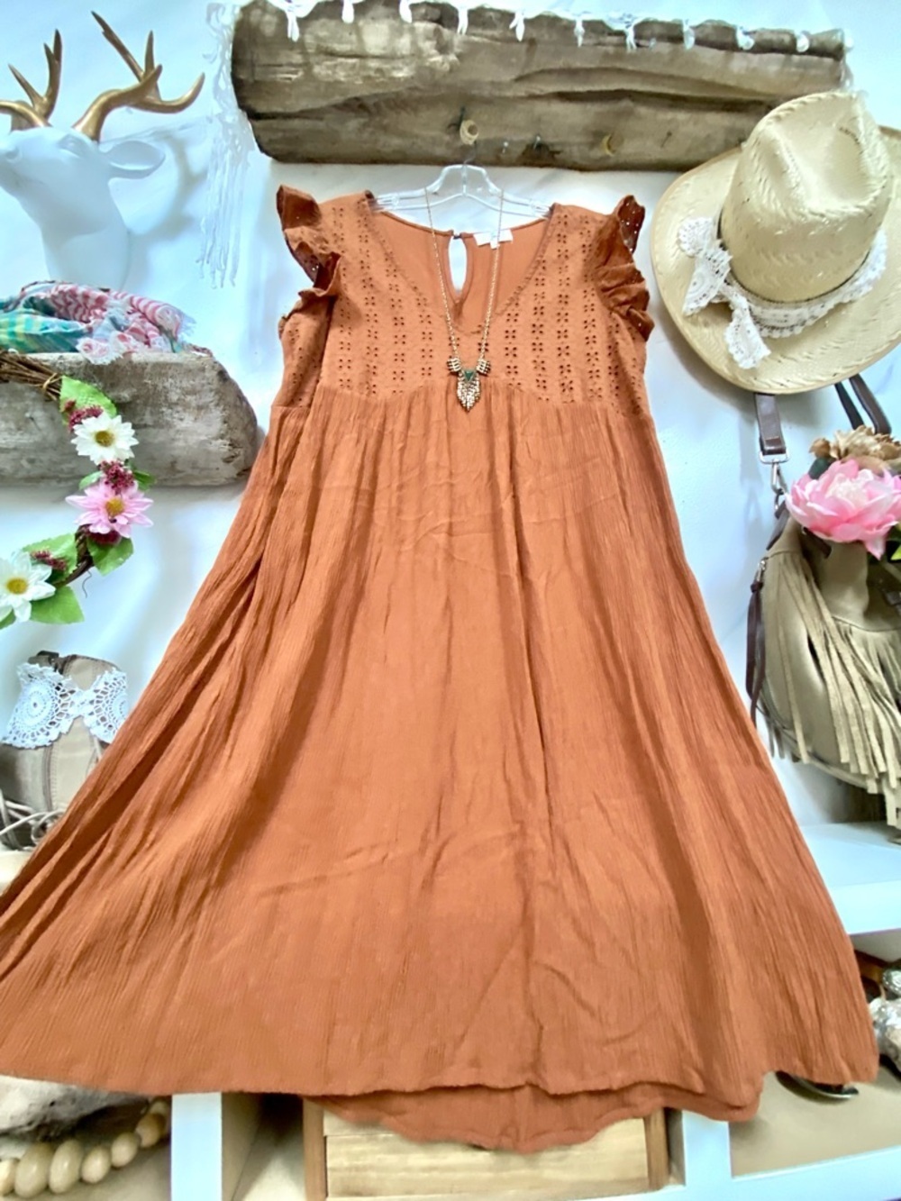 Eyelit farmhouse/cottagecore boho dress w ruffles shabby chic dress prairie vibe